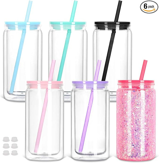 16 Oz Plastic Snow Globe Tumbler with Lid and Straw, 6 Pack Double Wall Pre Drilled Plastic Mason Jar Cups Can for Snow Globe Glitter DIY Gift(Mixed Colors)