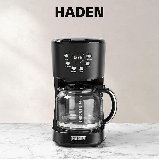 Haden Coffee Machine, 12 Cup Programmable Drip Coffee Maker with Auto Shut-Off Function and Reusable Washable Water Filter, Black & Chrome
