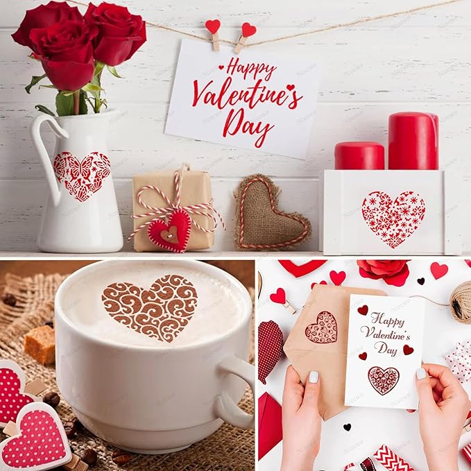 Valentines Day Cake Stencils Kit Reusable Cookie Coffee Stencil Drawing Template for Dessert Buttercream Painting Envelopes DIY Crafts Wall Floor Decor (16 Pcs Heart)