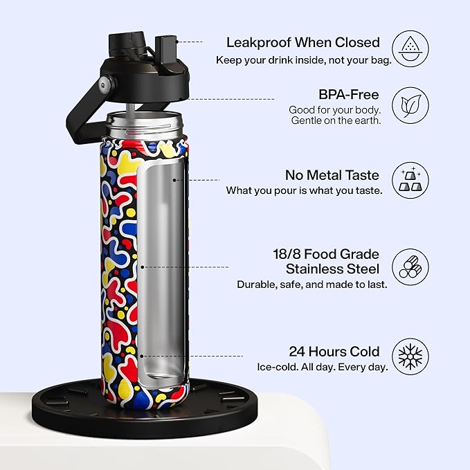 ENCOOL Insulated Water Bottle with Straw Stainless Steel Water Bottle, Leak-Proof, BPA-Free, Double Wall Vacuum Keeps Cold for 24 Hours for Sports, Travel, School (26 oz, Midnight Pop)