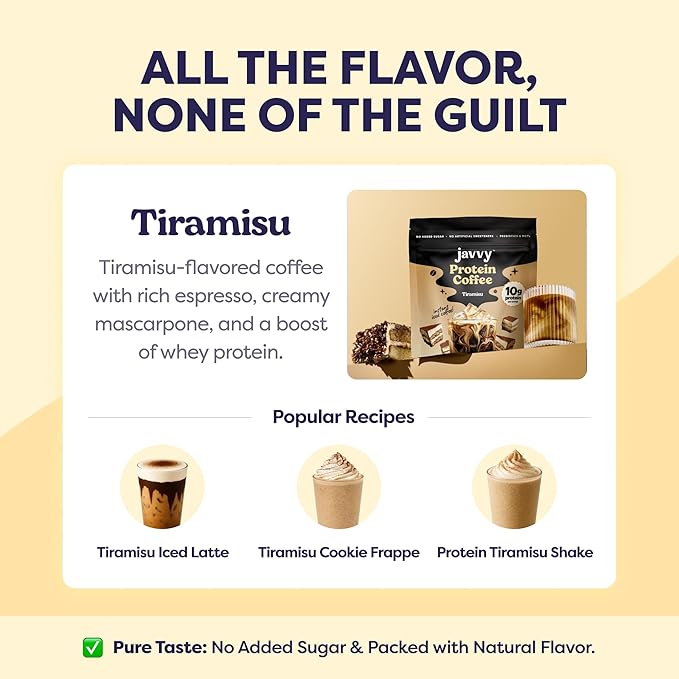 Tiramisu Protein Iced Coffee - Premium Whey Protein & Instant Iced Coffees - 100% Natural Cold Brew- Zero Artificial Flavors & Sweeteners, 80 mg Caffeine Per Serving, No Added Sugar, 20 Servings