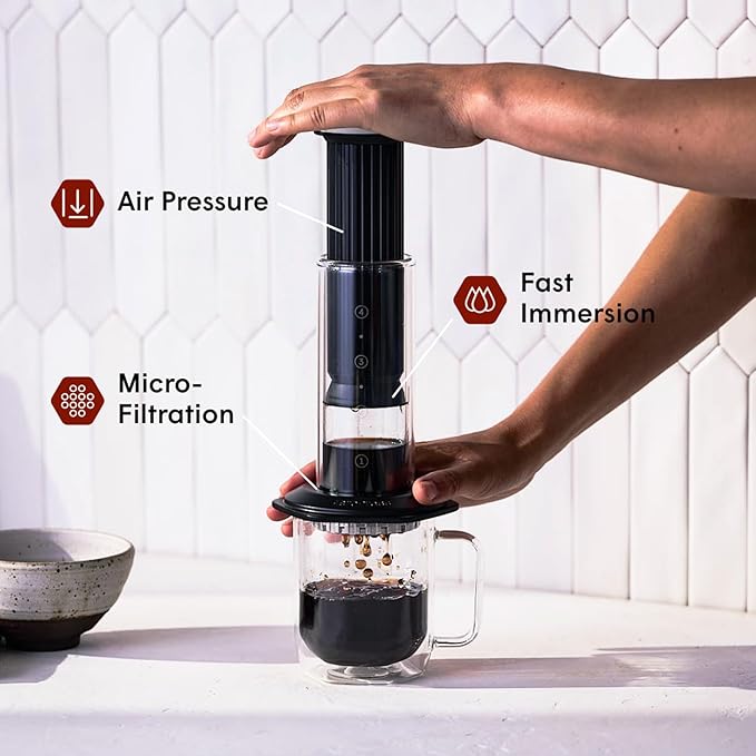 AeroPress Premium Coffee Press, Glass, Stainless Steel & Aluminum Coffee Maker, all-in-One French Press, Pour-Over & Espresso-Style manual brewer, 2 min brew for less bitterness, more flavor (Black)