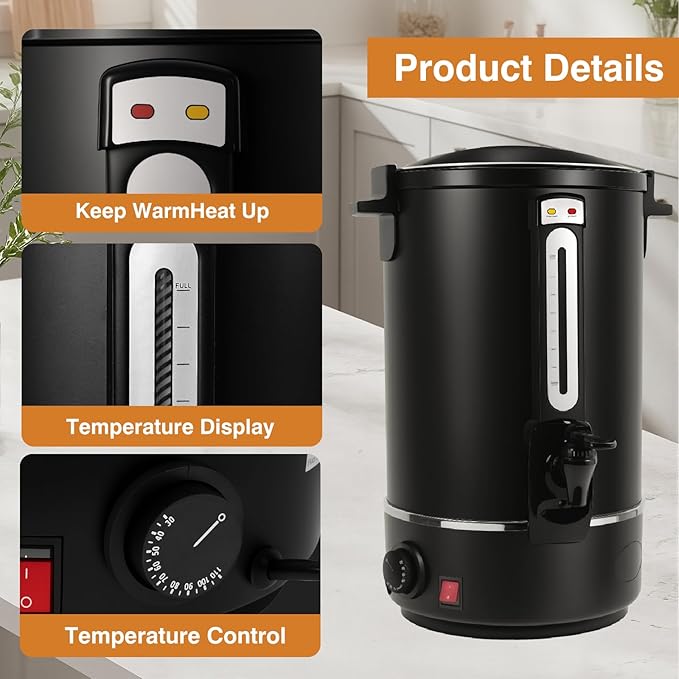 Hijolla Commercial Coffee Urn，110 Cups/16.5L Black Stainless Steel Large Coffee Dispenser，Double Wall Electric Coffee Urn，Electric Coffee Maker Urn，Commercial Percolate Coffee Maker Hot Water Urn
