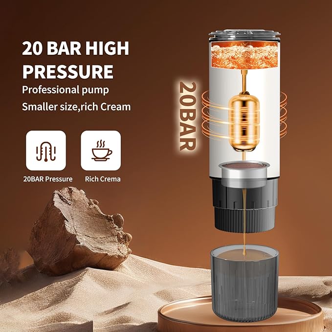 Leozora Portable Espresso Maker, 20Bar Professional Pressure, Stainless Steel Body, 7500mAh USB-C Rechargeable, 3-in-1 for Ground Coffee & Nespresso/DG Capsules, Ideal for Camping, Car, Office, White