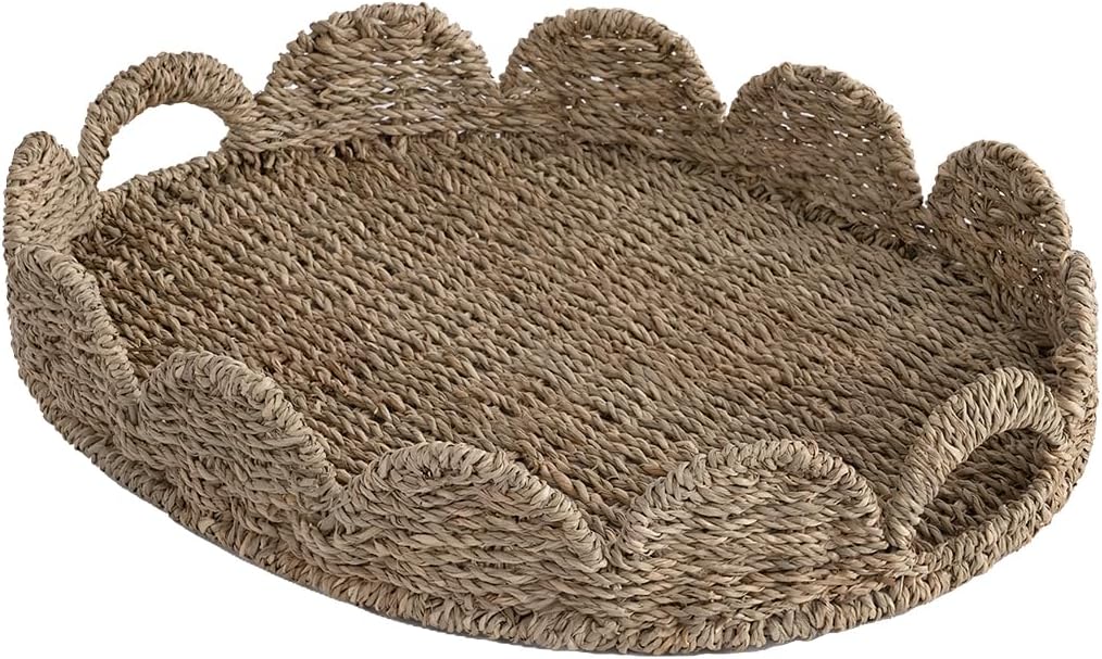 StorageWorks Scalloped Edge Wicker Serving Tray, Woven Rattan Table Trays with Handle, Wicker Tray for Room Décor, Seagrass Tray for Ottoman, Scalloped Organizer Trays