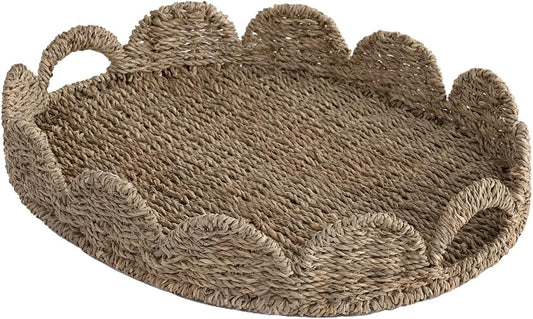 StorageWorks Scalloped Edge Wicker Serving Tray, Woven Rattan Table Trays with Handle, Wicker Tray for Room Décor, Seagrass Tray for Ottoman, Scalloped Organizer Trays
