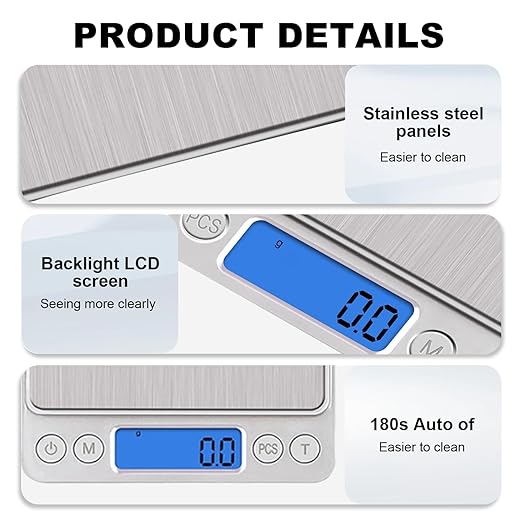 Digital Kitchen Scale,3kg/0.1g Pocket Food Scale Measure in Grams and oz for Loss Weight,Cooking Baking,Jewelry,High Precision Gram Scale with 6 Units,Small Coffee Scale with 2 Trays,LCD,Tare