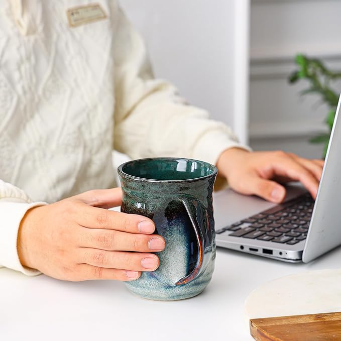 Mkour 21oz Large Ceramic Coffee Mugs, Handmade Tea Cups with Comfortable Handle for Office and Home, Microwave and Dishwasher Safe (Ink Green)