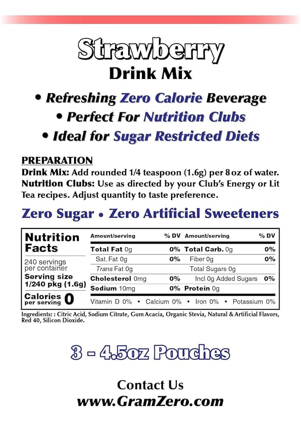 GramZero Strawberry Zero Calorie Sugar Free Drink Mix, Great For Nutrition Club Loaded Teas, Stevia Sweetened