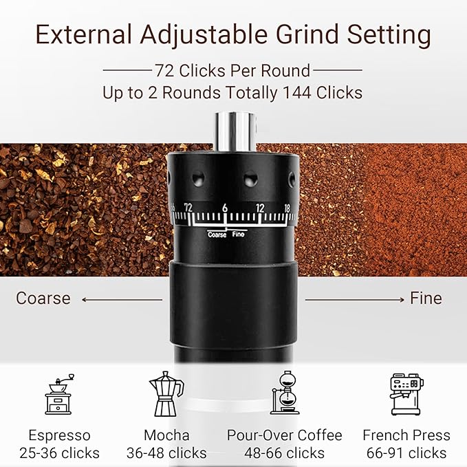 Manual Coffee Grinder with Numerical External Adjustable Setting Stainless Steel Conical Burr Hand Crank Coffee Mill for Cold Brew Espresso French Press Pour Over Drip with Foldable Handle- Black