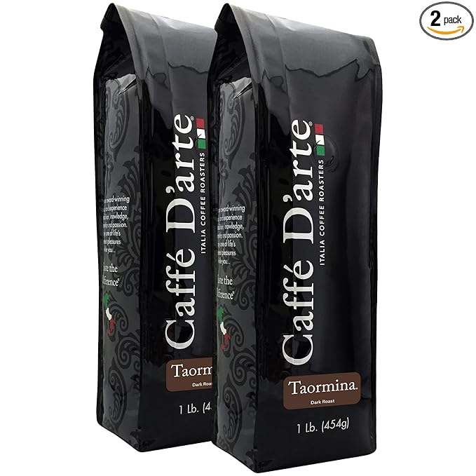 Caffe D'arte Taormina Whole Bean Espresso Coffee – Italian Roast, Full-Bodied & Smooth Flavor – Perfect for Espresso, Cappuccinos & Mochas - 1 Pound, Pack of 2