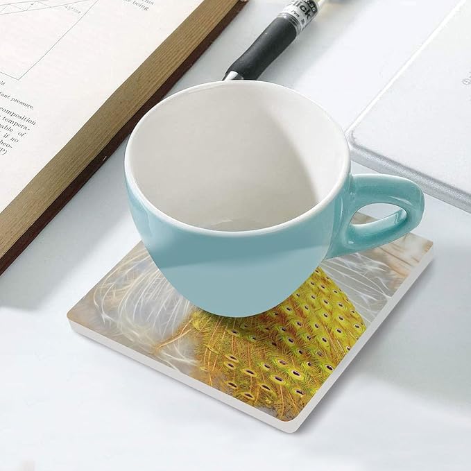 Square-6PCS Peacock Drink Coasters, Square Modern Ceramic Absorbent Coasters, Vintage Style Beautiful Gold White Peacock Decor Desk Coffee Table Coaster for Beverage Cup Tea Coasters