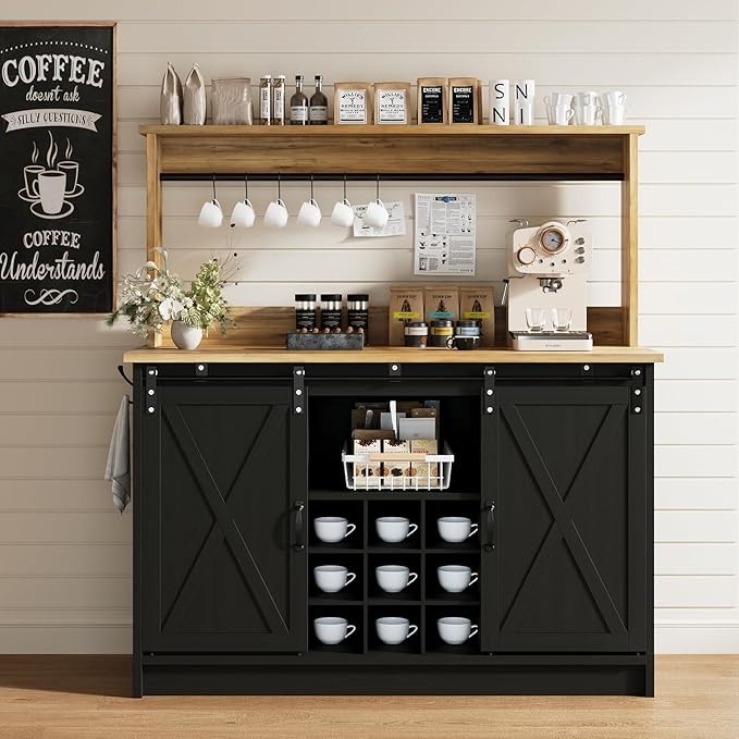 4ever2buy Farmhouse Coffee Bar Cabinet with Hutch, 47 Inch Buffet Cabinet with Storage, Wine Bar with 9 Wine Racks and 6 Hooks, Coffee Bar Table with Adjustable Shelves for Living Dining Room, Black
