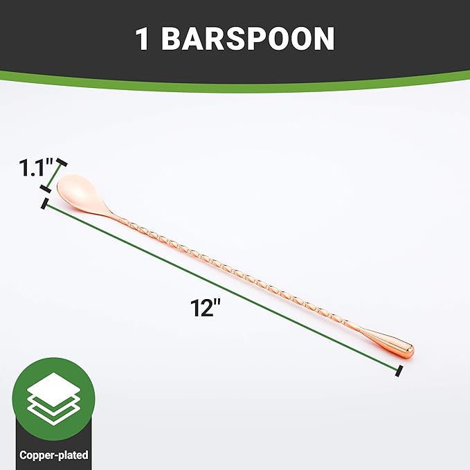 Restaurantware Bar Lux 12 Inch Bar Spoon 1 Corkscrew Handle Cocktail Stirrer Spoon - Long Commercial Copper-Plated Stainless Steel Cocktail Mixing Spoon For Stirring And Mixing