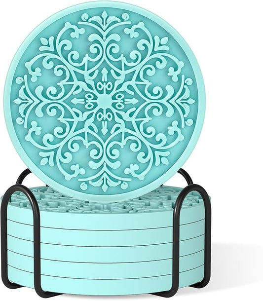 Drink Coasters, Coasters Set of 6 for Cup with Holder, Non-Slip Silicone Cup Mats for Hot and Cold Drinks, Cute Absorbent Coffee Bar Accessories Table Decor, Lake Blue