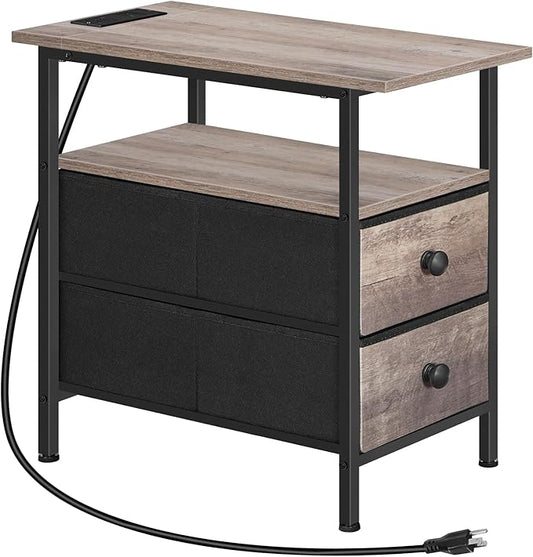 HOOBRO End Table with Charging Station, Narrow Side Table, Nightstand with 2 Non-Woven Drawers, Slim Sofa Side Table, for Small Spaces, Living Room, Bedroom, Greige and Black BG486UBZ01