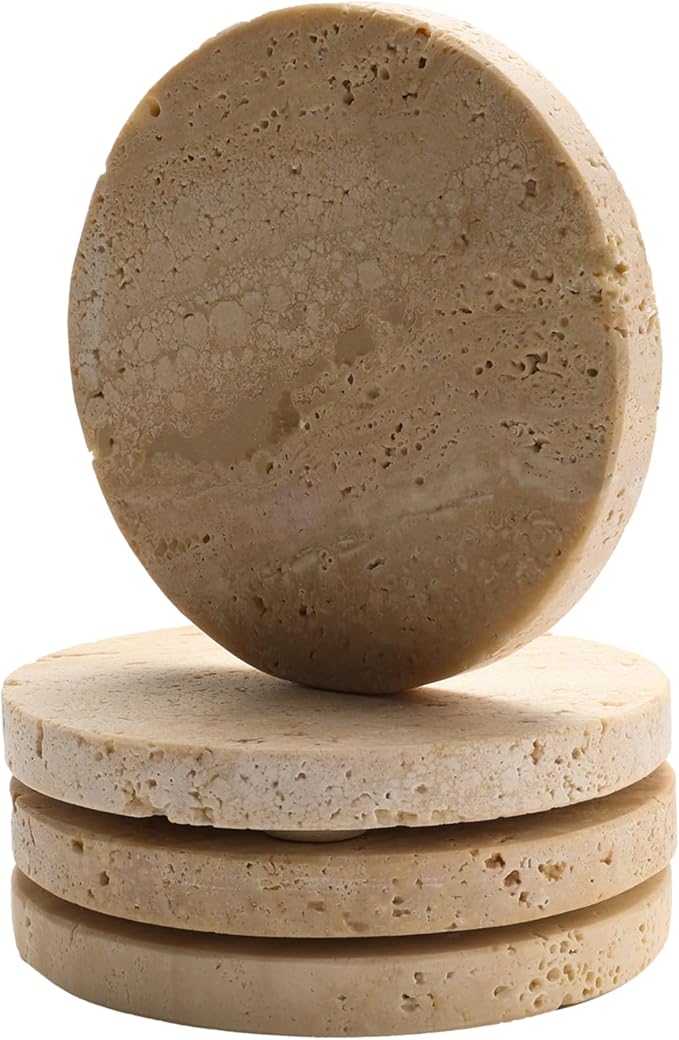 Natural Travertine Coasters Set of 4-4" Round Stone Drink Coasters for Housewarming Gifts, Anniversaries, Office Decorations