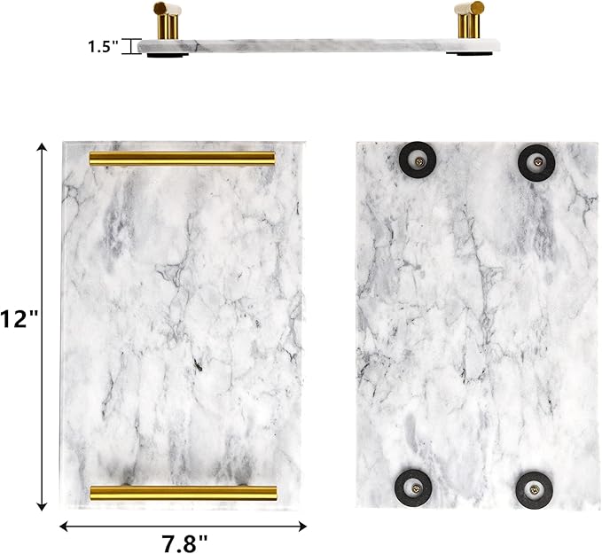 DEAYOU Decorative Tray with Gold Handles, Natural Marble Stone Tray, 12" Nightstand Serving Tray with Metal Handle, Perfume Tray Pastry Food Board for Bathroom, Vanity, Coffee Table, Desk, White