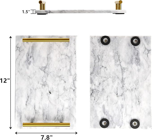DEAYOU Decorative Tray with Gold Handles, Natural Marble Stone Tray, 12" Nightstand Serving Tray with Metal Handle, Perfume Tray Pastry Food Board for Bathroom, Vanity, Coffee Table, Desk, White