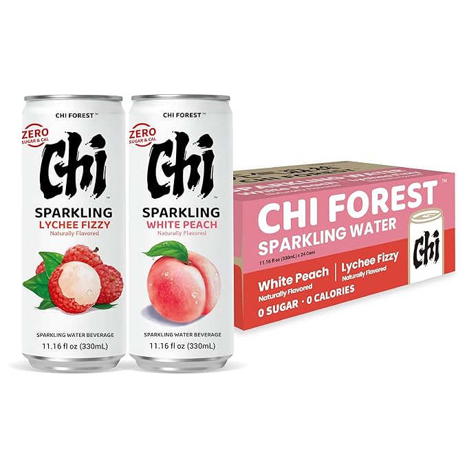CHI FOREST Sparkling Water Beverage, Lychee & White Peach, 2 Flavors, Zero Sugar, 11.16 fl oz Cans (Pack of 24)