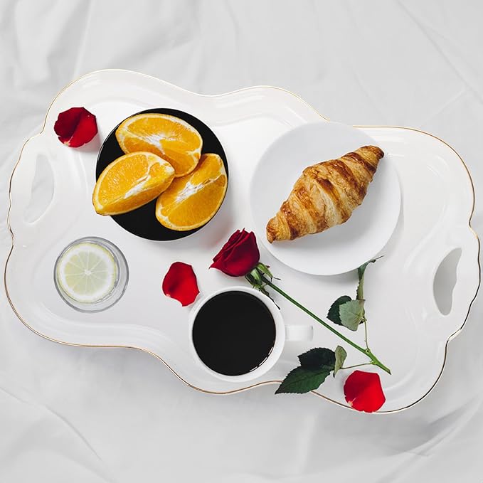 16" Ceramic Serving Tray with Handles, Vintage Large Serving Platter, Luxury British Style Coffee Table Tray, Decorative Dish with Golden Rim, Rectangular Tea Tray for Perfume for Living Room