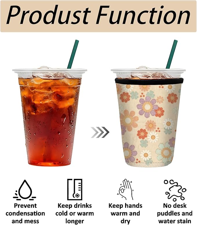 Neoprene Iced Coffee Sleeve 3 Pack, Reusable Insulated Cup Holder with Vintage Floral Pattern, Fits 16–32 oz Tumblers, Compatible with Starbucks & Dunkin