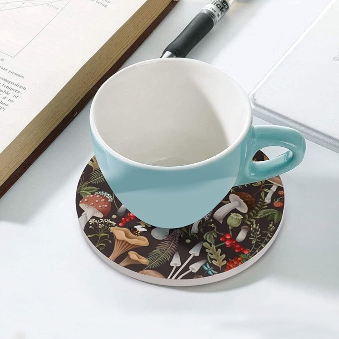 Round-6PCS Botanical Ceramic Coasters, Round Absorbent Drink Coasters, Vintage Cartoon Abstract Botanical Mushroom Plants Pattern Ceramic Table Coasters for Coffee, Beverage, Wine, Beer Coasters