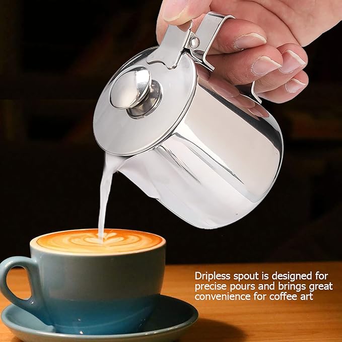 Coffee Frothing Pitcher With Lid, Stainless Steel Milk Frother Cup, Mutifunctional Milk Jug Cup, Coffee Steaming Pitcher With Handle , For Latte Art And Frothing Milk(350Ml)