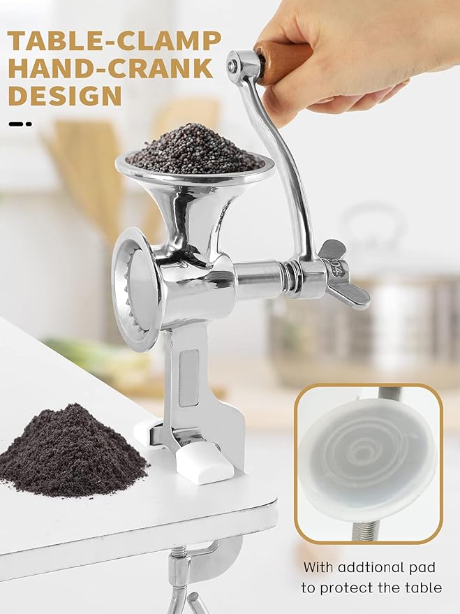 Moongiantgo Hand Grain Mill Grinder Poppy Seeds Mill Stainless Steel Coarseness Adjustable Table Clamp Hand Crank 50g Small Hopper for Pepper Corn Wheat Barley Soybeans Chickpeas Bird feed