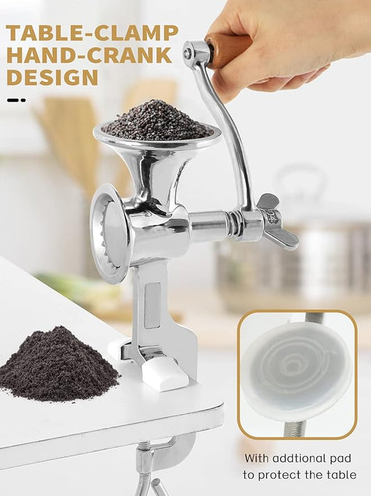 Moongiantgo Hand Grain Mill Grinder Poppy Seeds Mill Stainless Steel Coarseness Adjustable Table Clamp Hand Crank 50g Small Hopper for Pepper Corn Wheat Barley Soybeans Chickpeas Bird feed