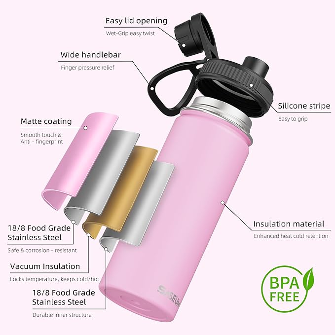 SASEUM Sport Water Bottle 18oz Stainless Steel Double Wall Vacuum Thermal Mug with Leak Proof Spout Lids, Wide Mouth Metal Insulated Water Jug for Gym and Travel（Pink）