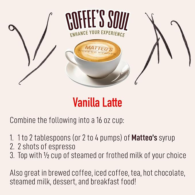 Matteo's Vanilla Syrup for Coffee, Lattes, Cappuccinos & Desserts – Sugar-Free Sweetener for Beverages, Keto Friendly, Zero Calories, Indulgent Flavor, Non-Alcoholic, Ideal for Hot Drinks 33.8oz (6pk)