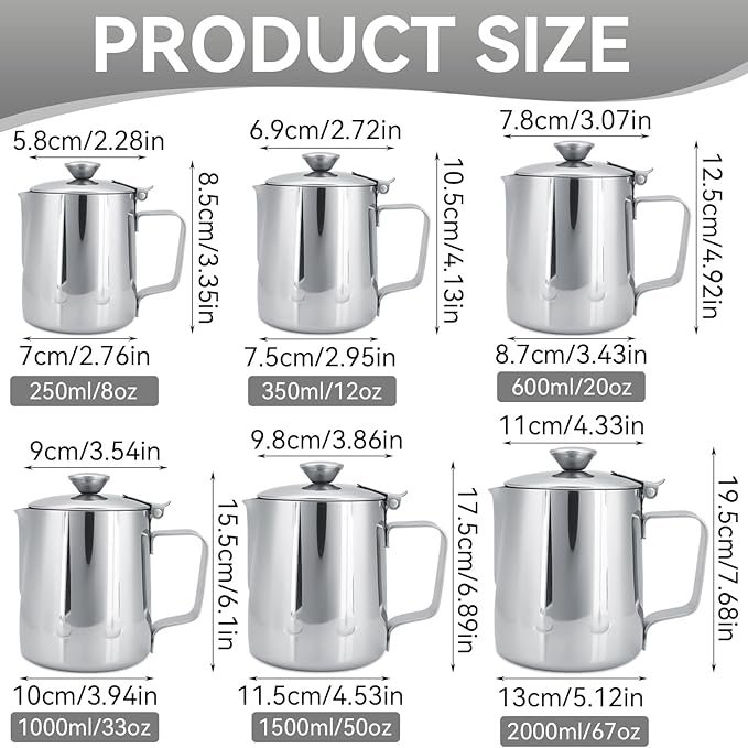 Milk Frothing Pitcher, Stainless Steel Pitcher with Lid Milk Frother Cup Milk Jug Coffee Creamer Container Creamer Dispenser Milk Steamer Cup Milk Cup with Lid for Latte Coffee Art(2000ML)