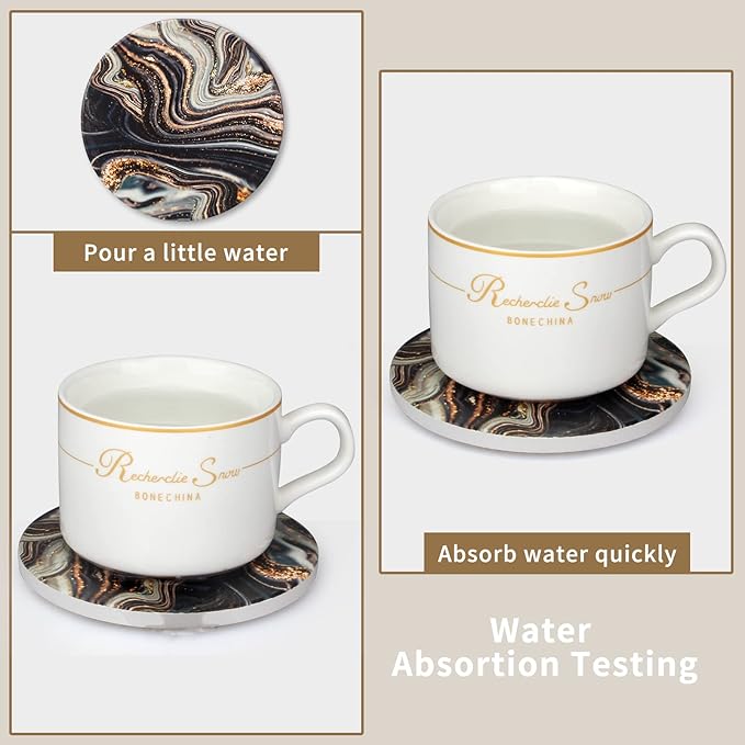 6 Pcs Black and Gold Marble Coasters with Holder Best Round Absorbent Coasters for Drinks, Coffee, Beer, Table Marble Personalized Coaster Sets