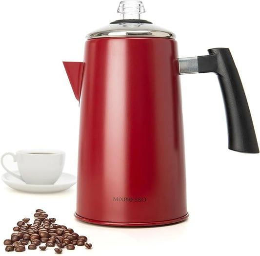 Mixpresso Red Stainless Steel Coffee Percolator Stovetop, 52 oz Classic Percolator Coffee Pot, Great For Camping Pot, 12 Cup Stove Top Espresso Maker, Cool-Touch Handle