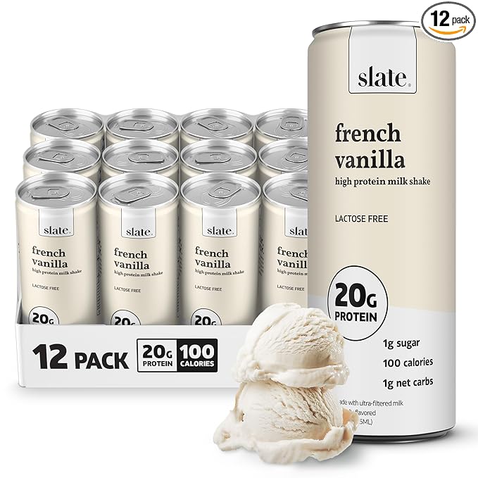 Slate Milk - High Protein Milk Shake - French Vanilla - Lactose Free, 20g Protein, 1g Sugar, 100 Calories, 1g Net Carbs, No Added Sugar - Natural, Breakfast Boost, Post Workout - 11 fl oz, 12 Cans