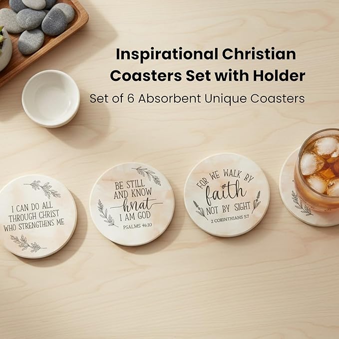 Christian Coasters Set of 6 with Holder– Ceramic Absorbent Drink Coasters for Coffee Table Desk, Modern Cute Moisture Absorbing Coasters, Christian Gifts Alternative to Cork, Silicone or Glass Coaster