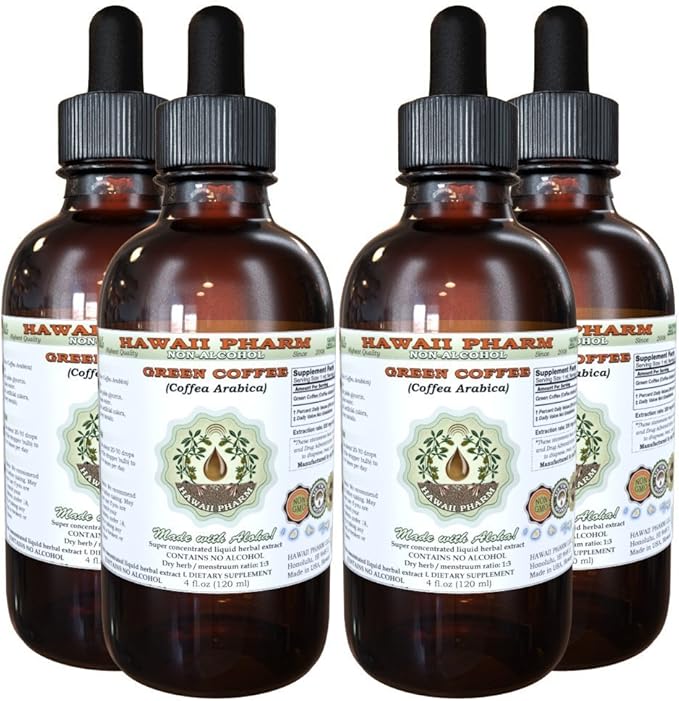 Hawaii Pharm Green Coffee Alcohol-Free Liquid Extract, Green Coffee (Coffea Arabica) Dried Bean Glycerite Natural Herbal Supplement 4x4 oz