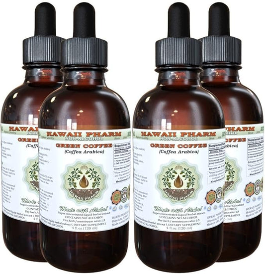 Hawaii Pharm Green Coffee Alcohol-Free Liquid Extract, Green Coffee (Coffea Arabica) Dried Bean Glycerite Natural Herbal Supplement 4x4 oz
