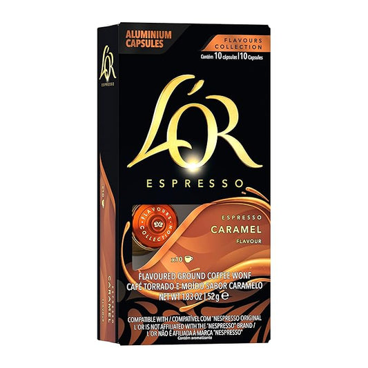L'OR Espresso Capsules, 10 Count Caramel, Single-Serve Aluminum Coffee Capsules Compatible with the L'OR BARISTA System & *Nespresso Original Machines, 10 Count (Pack of 1)