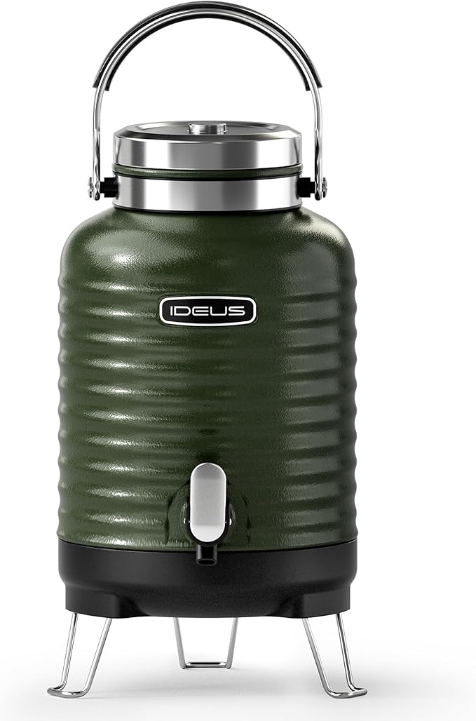 IDEUS Insulated Beverage Dispenser, All-in-one for Camping Vacuum Double-Wall Stainless Steel Water Cooler Coffee Carafe Jug Leakproof Drink Container with Handle, Spigot & Stand (Green, 1,4gal)