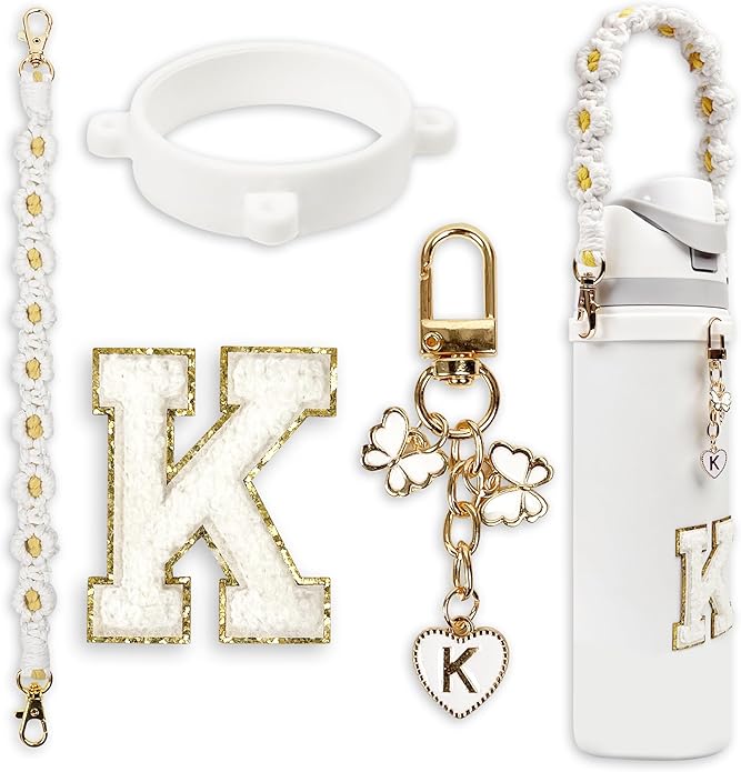 Compatible with Owala Water Bottle Accessories, Cute Letter Charm Set with Boho Handle Strap, Monogram Sticker, Silicone Ring, Keychain Decoration, for FreeSip 24 32 40oz, Owala Kids, Tumbler Gift