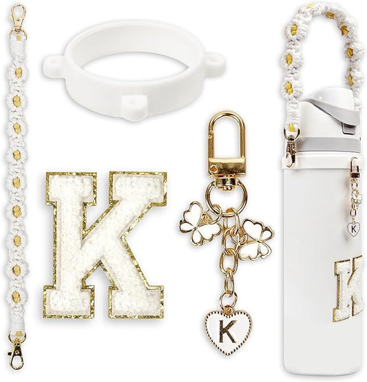 Compatible with Owala Water Bottle Accessories, Cute Letter Charm Set with Boho Handle Strap, Monogram Sticker, Silicone Ring, Keychain Decoration, for FreeSip 24 32 40oz, Owala Kids, Tumbler Gift