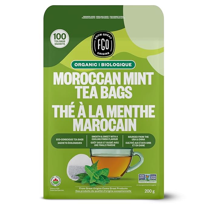 FGO Organic Moroccan Mint Green Tea, 100 Count, Eco-Conscious Tea Bags, Resealable Bag, Packaging May Vary (Pack of 1)