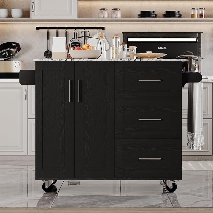 4 EVER WINNER Kitchen Island on Wheels, Island Table for Kitchen with Towel Rack & Spice Rack, Marble Tabletop, Kitchen Island with Drop Leaf, Black