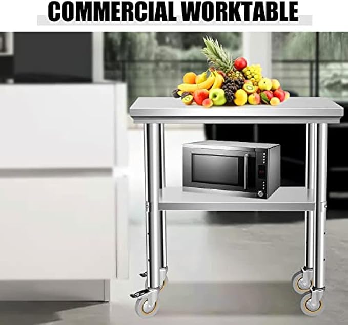 Stainless Steel Table - Metal Table Cart - Commercial Workbench with Caster Wheel - NSF Certified - for Restaurant, Warehouse, Home, Kitchen, Garage,24''x12''