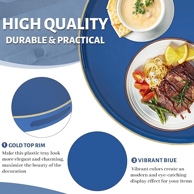 MAONAME 13" Blue Round Tray, Navy Serving Tray with Handles, Modern Decorative Trays for Coffee Table, Plastic Trays for Ottoman, Bathroom, Decor
