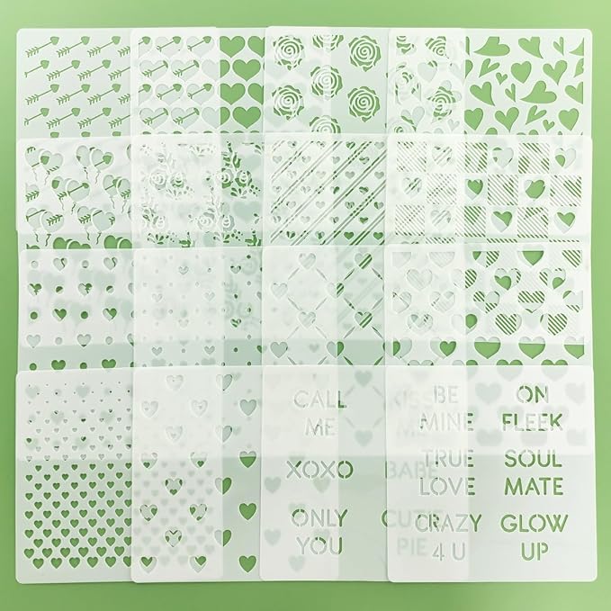 6in Hearts Love Cookie Stencils for Royal Icing, Valentine Stencils for Sugar Cookie, 16 Pcs Assorted Sizes Heart Shapes Conversation Words Rose Stencils for Baking Drawing Dessert Coffee Decoration