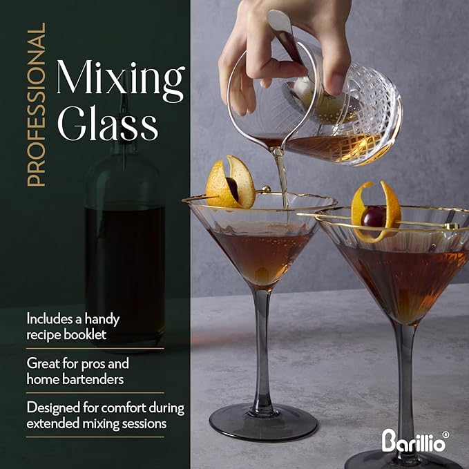 Barillio Crystal Cocktail Mixing Glass - 20 Oz (600 ml) Seamless Weighted With Thick & Sturdy Bottom Cocktail Stirring Pitcher | Old Fashioned Beaker - Bartender Mixology Accessories to Stir Cocktails