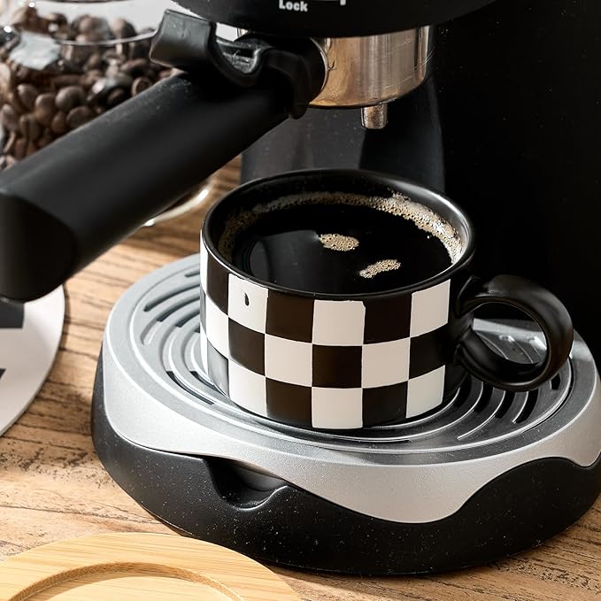 LUKA 6 Ounce Ceramic Stackable Black and White Checkered Espresso Cups with Saucers and Metal Stand Set of 4, Cappuccino Cups Set for Coffee Drinks, Latte, Cafe Mocha and Tea, Black Interior